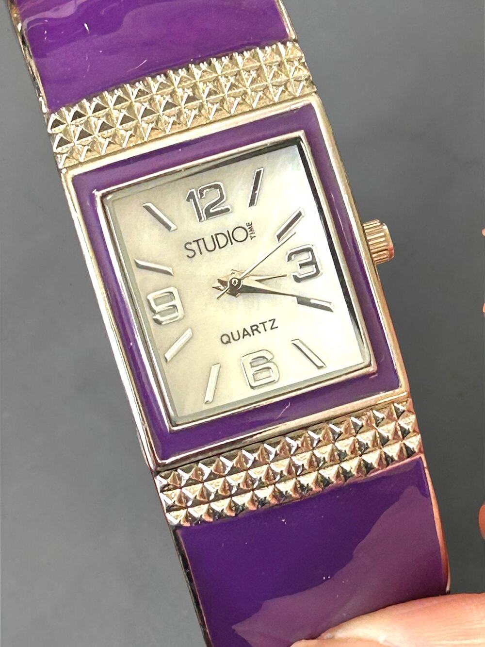 Studio Purple Enamel Bangle Watch Women Rectangular Dial Retro Glam Working